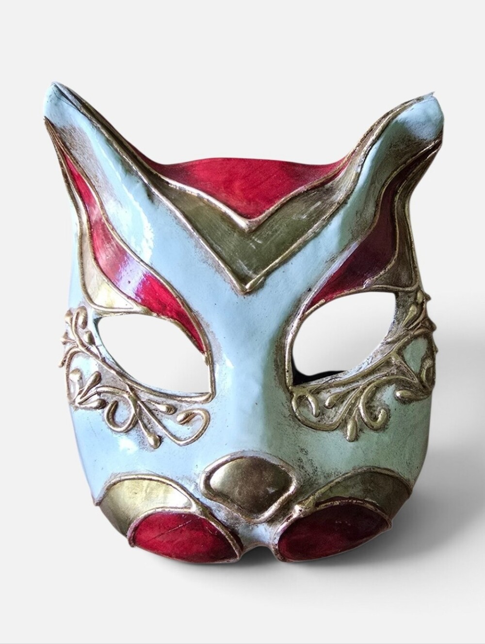 Vintage Italy Venetian Cat Masquerade Mask Hand Painted Gold Red White One Size